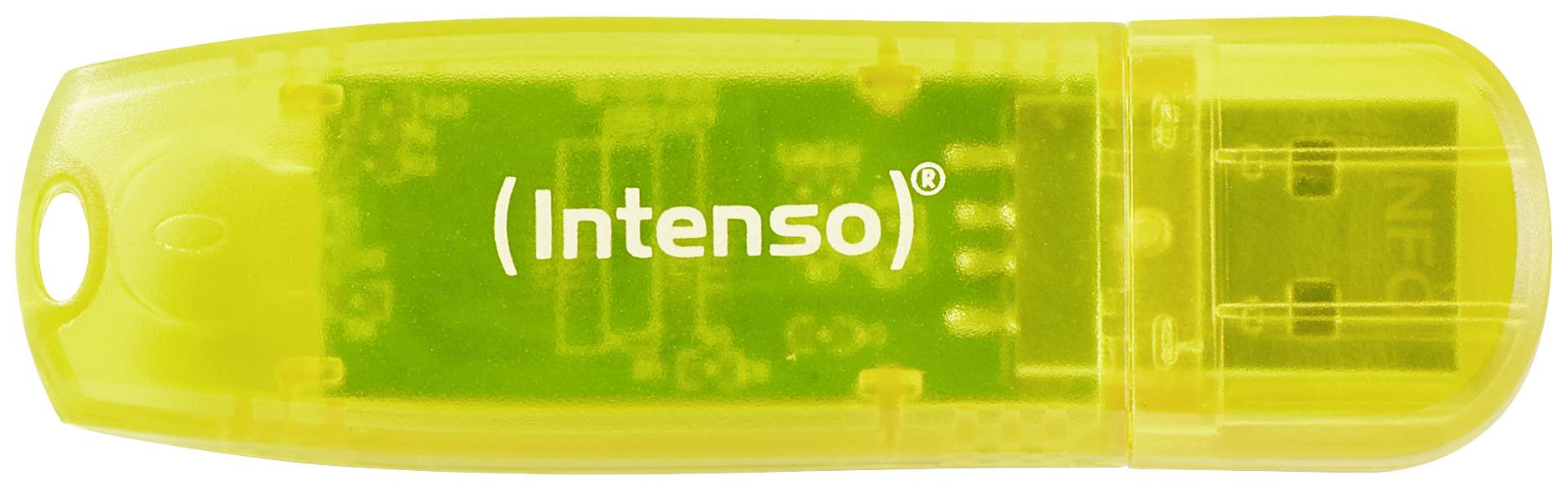 Yellow USB stick with a transparent casing, displaying the 'Intenso' logo.