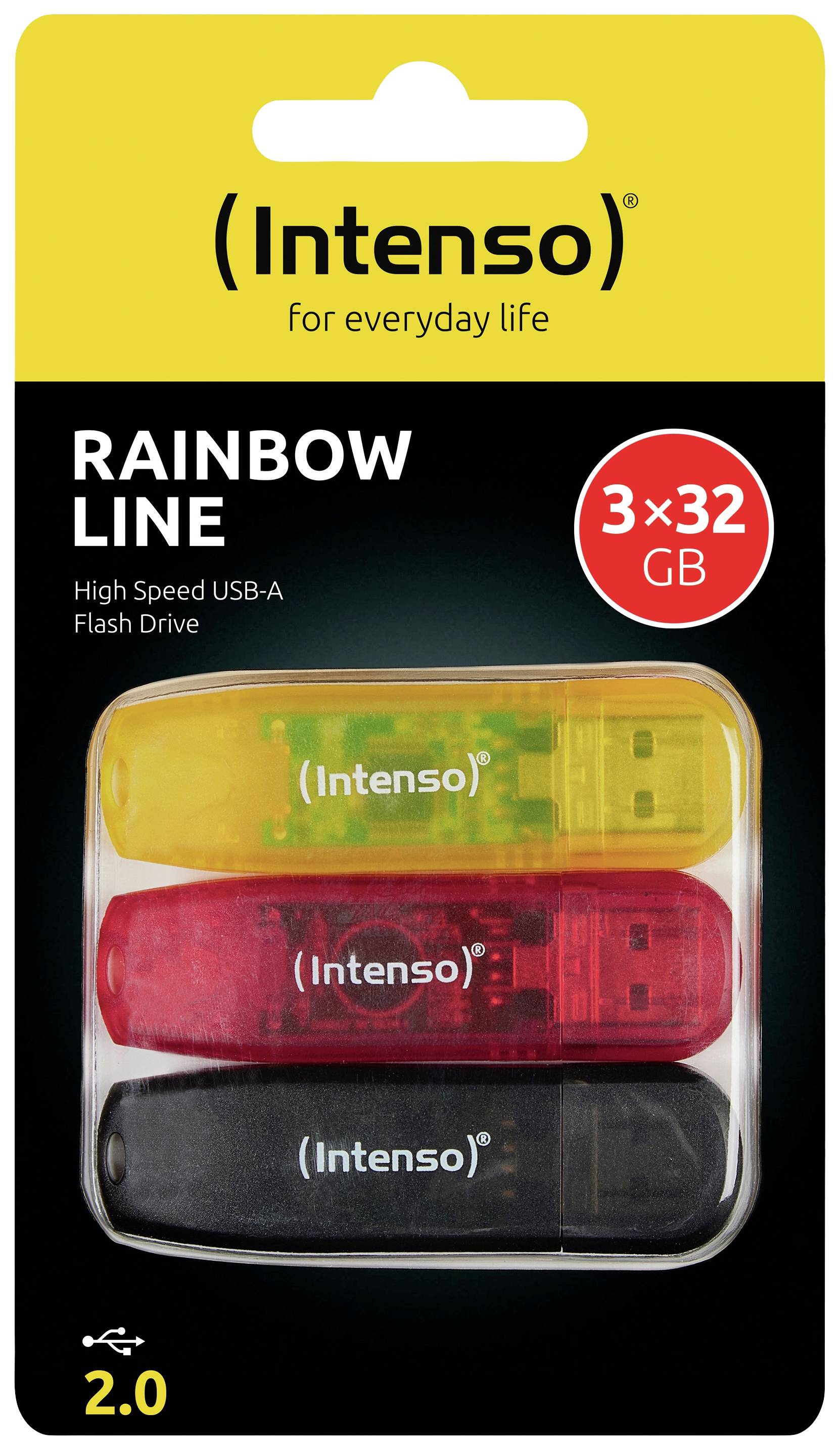 'Three USB sticks in yellow, red, black with 32 GB capacity by Intenso, labelled as Rainbow Line, High Speed USB-A.'