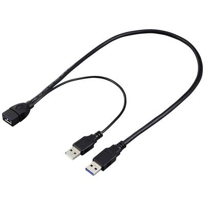 A USB cable with two male connectors and one female connector, suitable for extending or connecting devices.