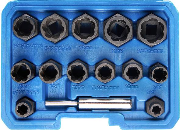 A blue case contains 10 screwdrivers in various sizes and a silver adapter for removing damaged screws.