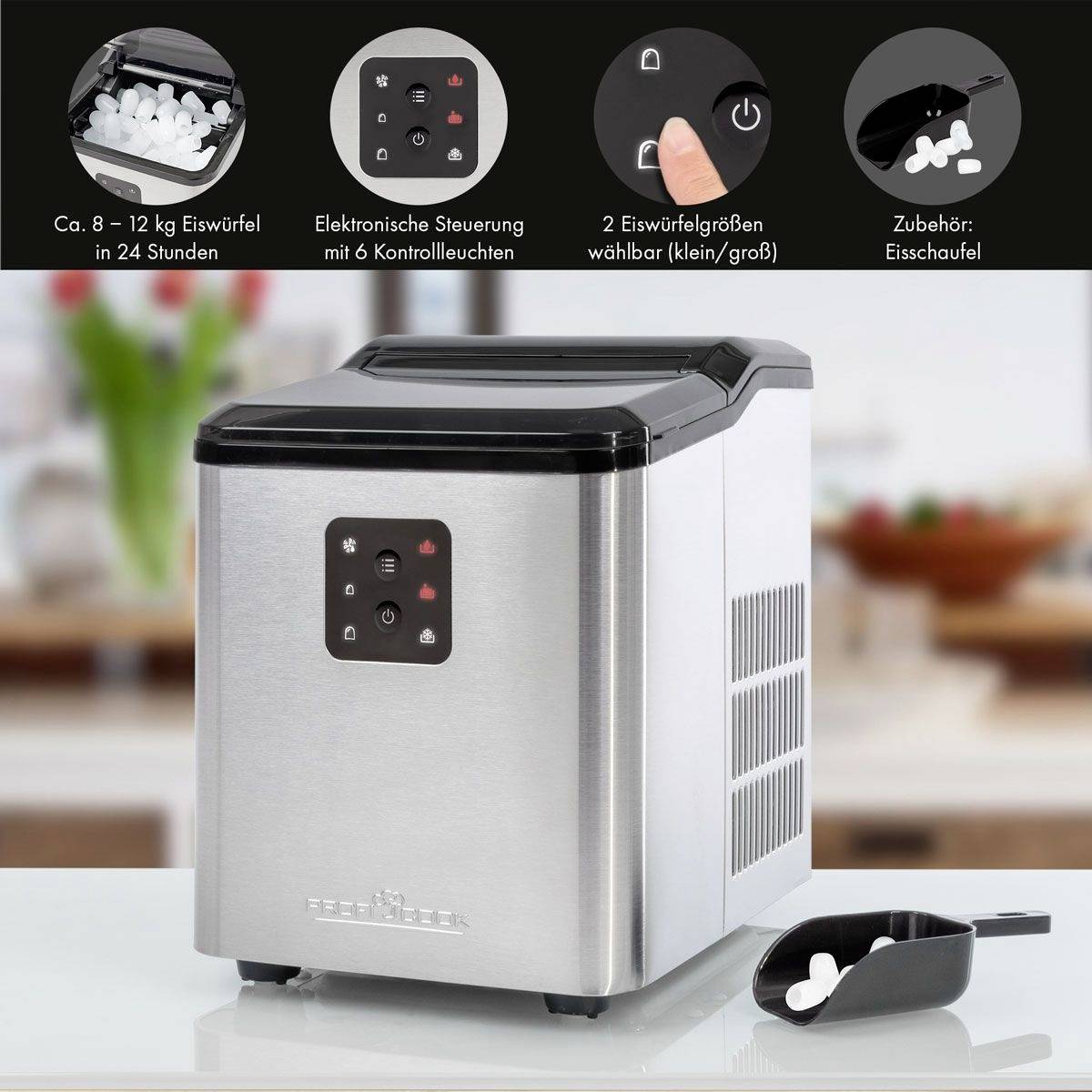 'Stainless steel ice cube maker with electronic control. Produces approximately 8-12 kg of ice in 24 hours. Two ice cube sizes selectable. Includes ice scoop.'