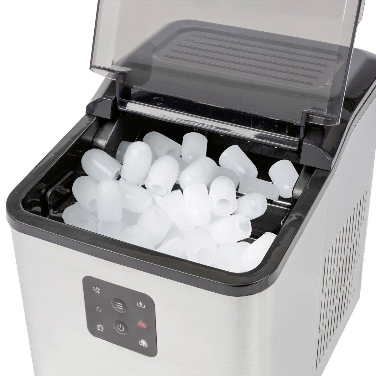 A mobile ice cube maker with an open lid shows several produced ice cubes inside.