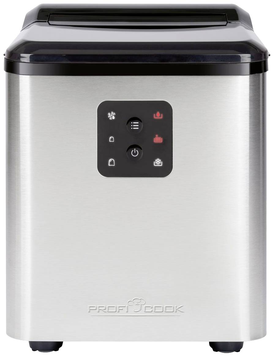 Compact stainless steel ice cube maker with a black control panel featuring multiple symbols for various settings.