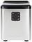 Compact stainless steel ice cube maker with a black control panel featuring multiple symbols for various settings.