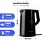 A black electric kettle with LED display, 1.7 L capacity, 2200 watts, BPA-free. Dimensions: 25 cm high, 15.5 cm deep.