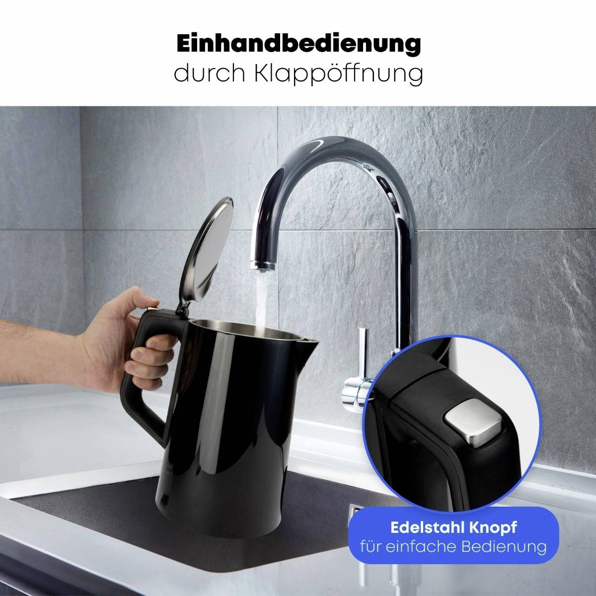 'Single-handed operation via flip-lid opening' shows a kettle under a tap. A button next to the tap is highlighted.