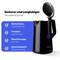 Electric kettle in black with an open lid. Text lists features: Safety flip lid, dry protection, overheating protection, automatic switch-off.