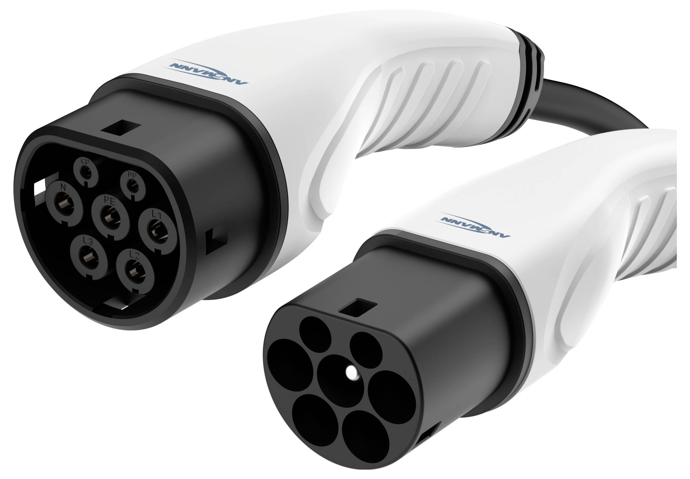 Two white electrical connectors for electric vehicles with black borders, featuring multiple ports, positioned side by side.
