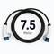 A coiled black cable with white plugs at both ends; '7.5 metres' written in the middle.
