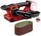 Battery-powered belt sander in red and black, without battery or charger, with fixed handle and separate sanding belt.