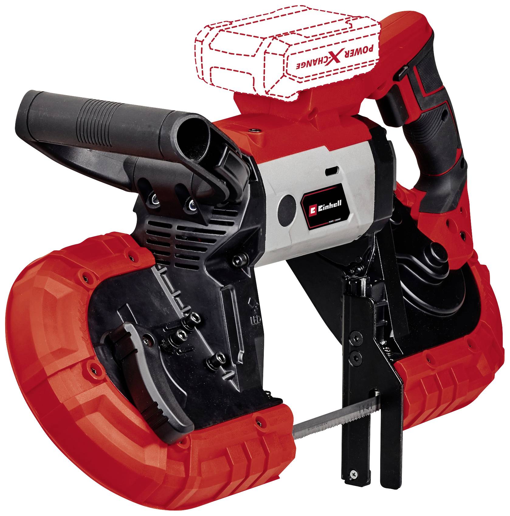 'Einhell cordless bandsaw in red and black, shown with an empty battery holder, can be used for sawing various materials.'