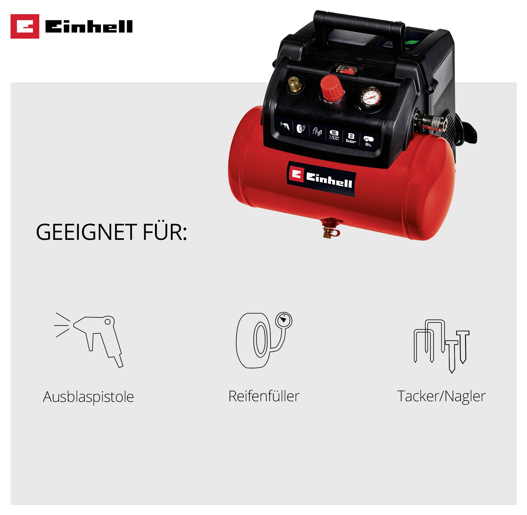 Einhell compressor, suitable for blow gun, tyre inflator and stapler/nailer.
