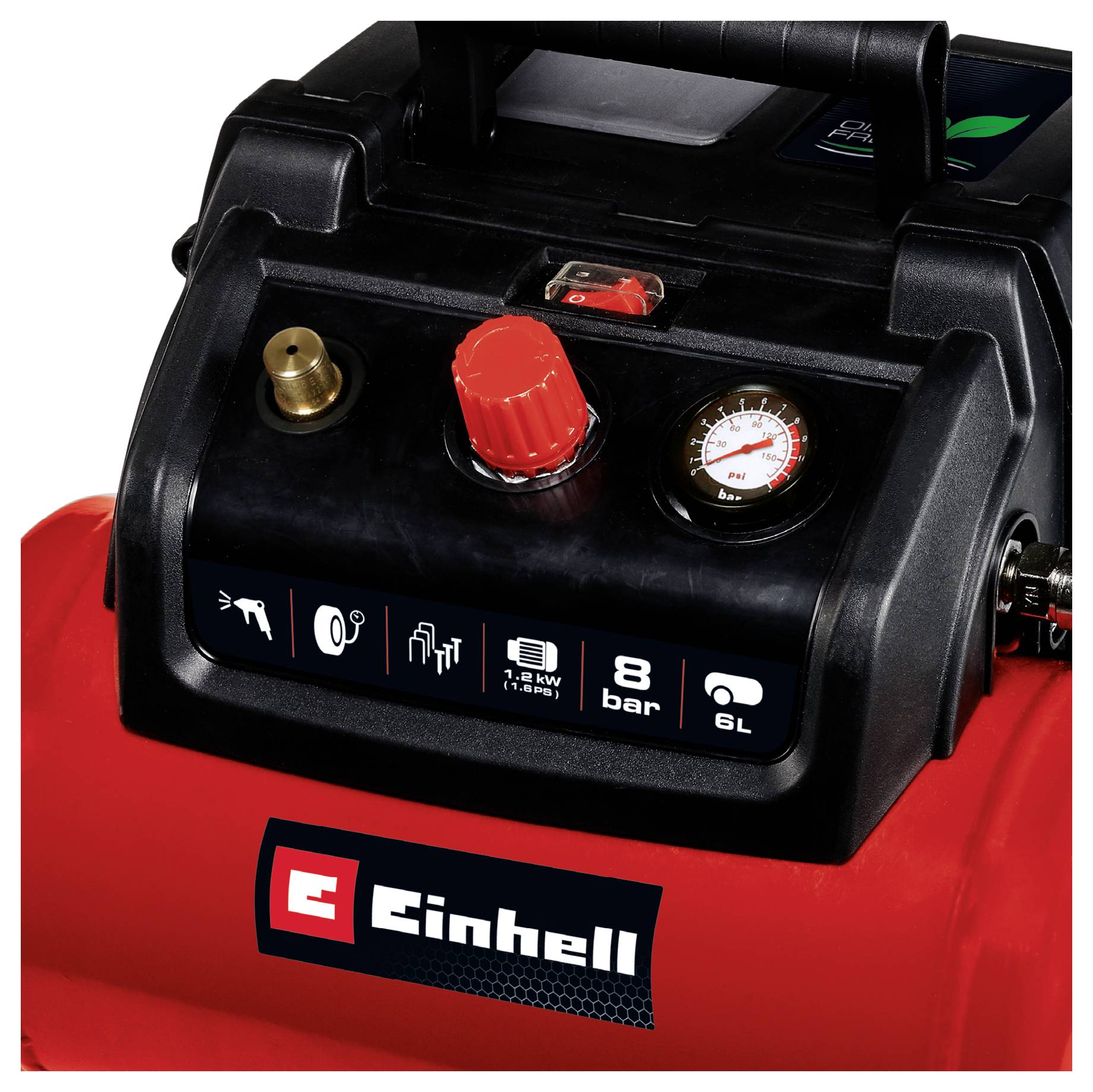 Close-up of an Einhell air compressor with pressure gauge, red control knob, and carrying handle on a red tank.