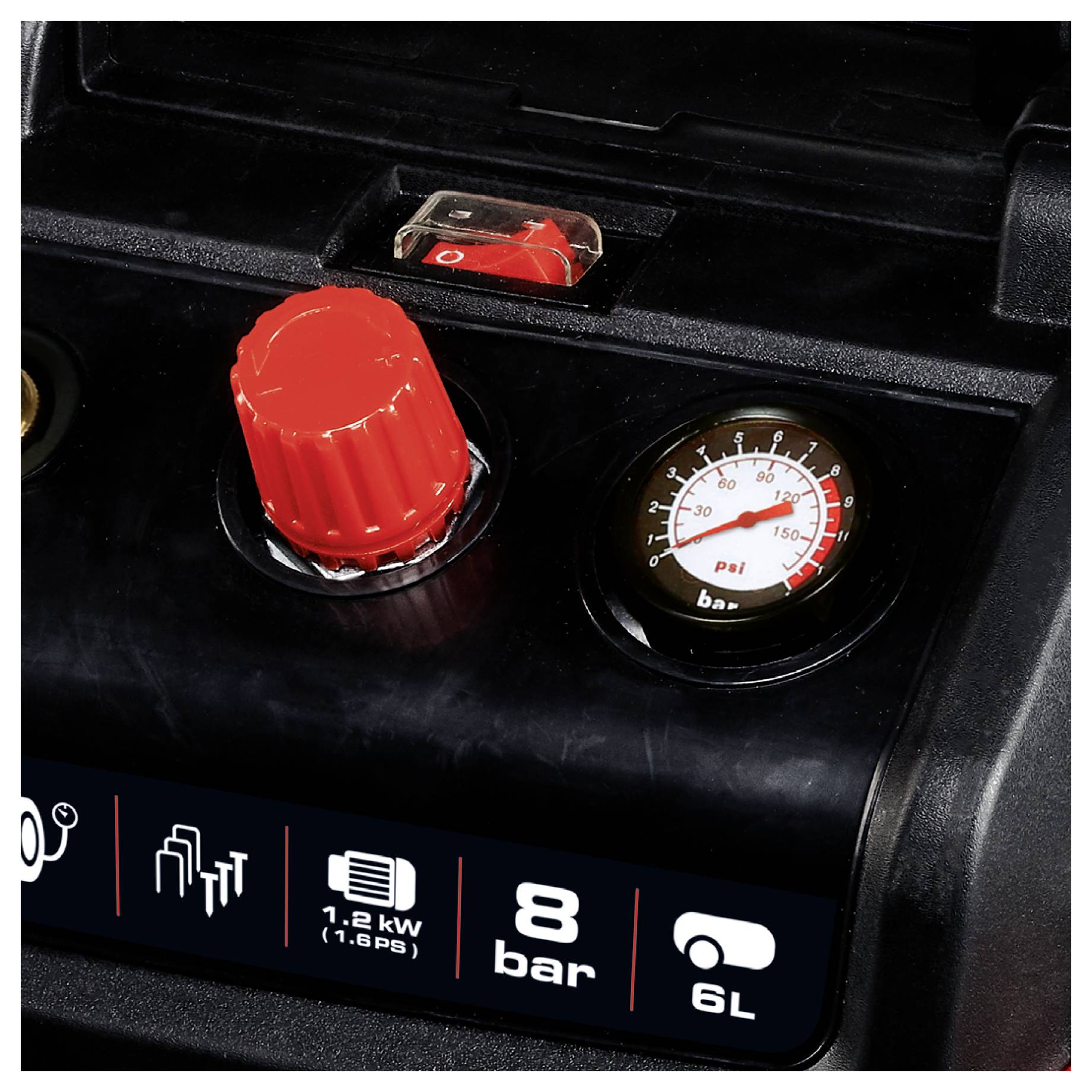 Portable air compressor control panel with red on/off switch, pressure knob, and gauge showing up to 8 bar and 6L tank capacity<br>