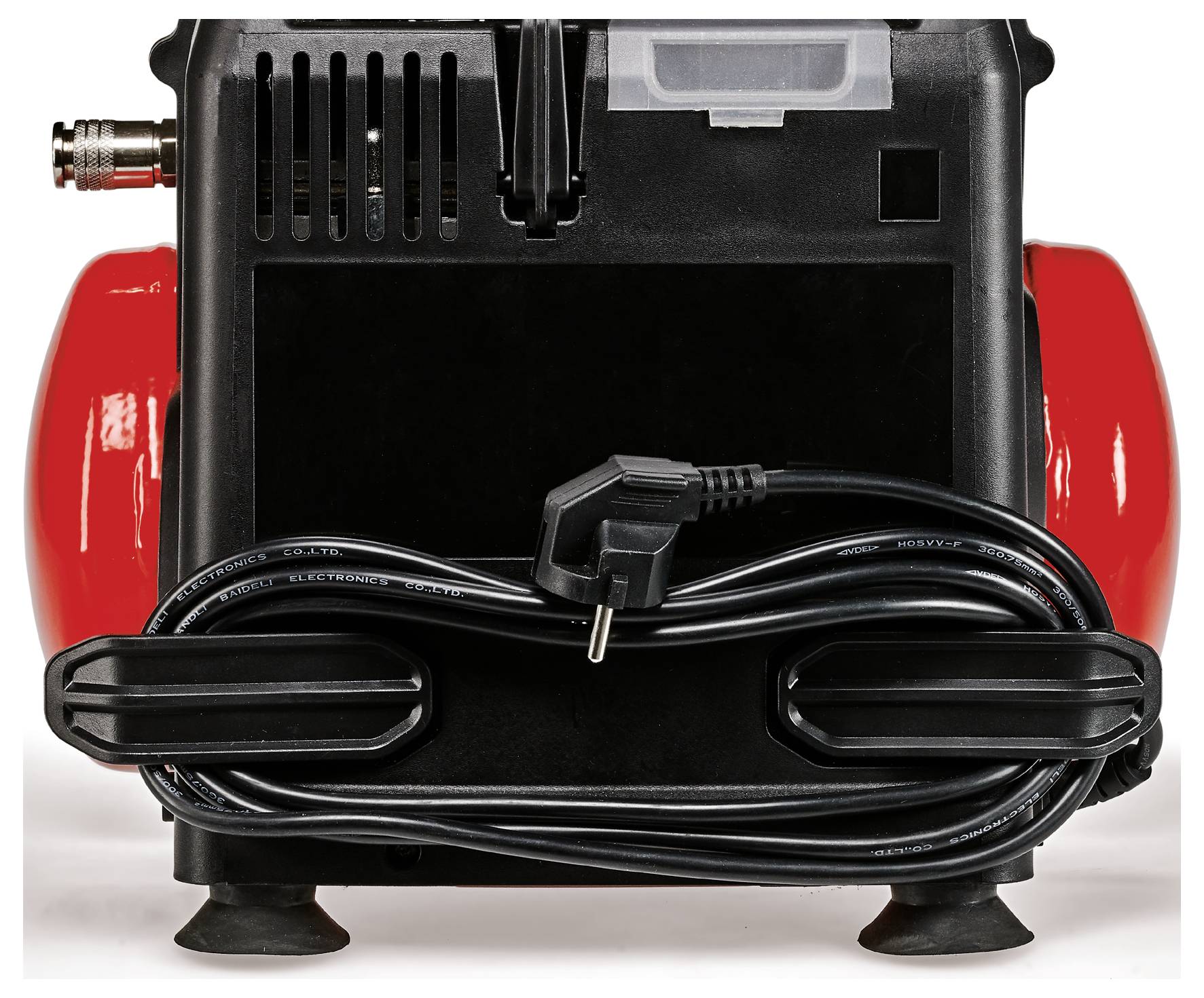 Small portable air compressor with red tank, black housing, coiled power cord, and two suction feet on a white background.