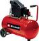 Red Einhell portable air compressor with tank, handle, wheels, gauges, and motor assembly on a white background.