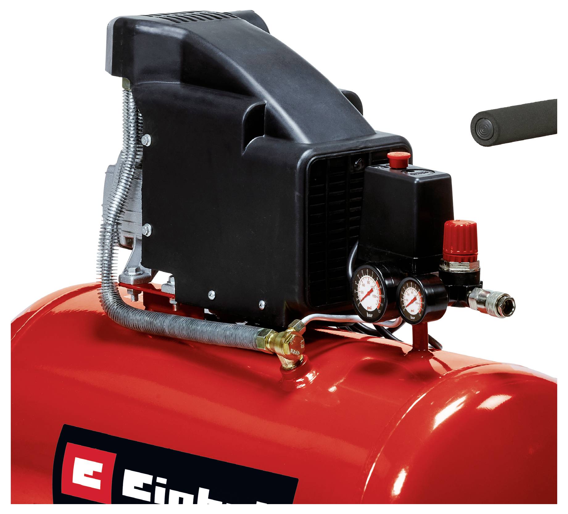 Portable air compressor on a red tank with black motor housing, pressure gauges, red valve knob, and hose connector.