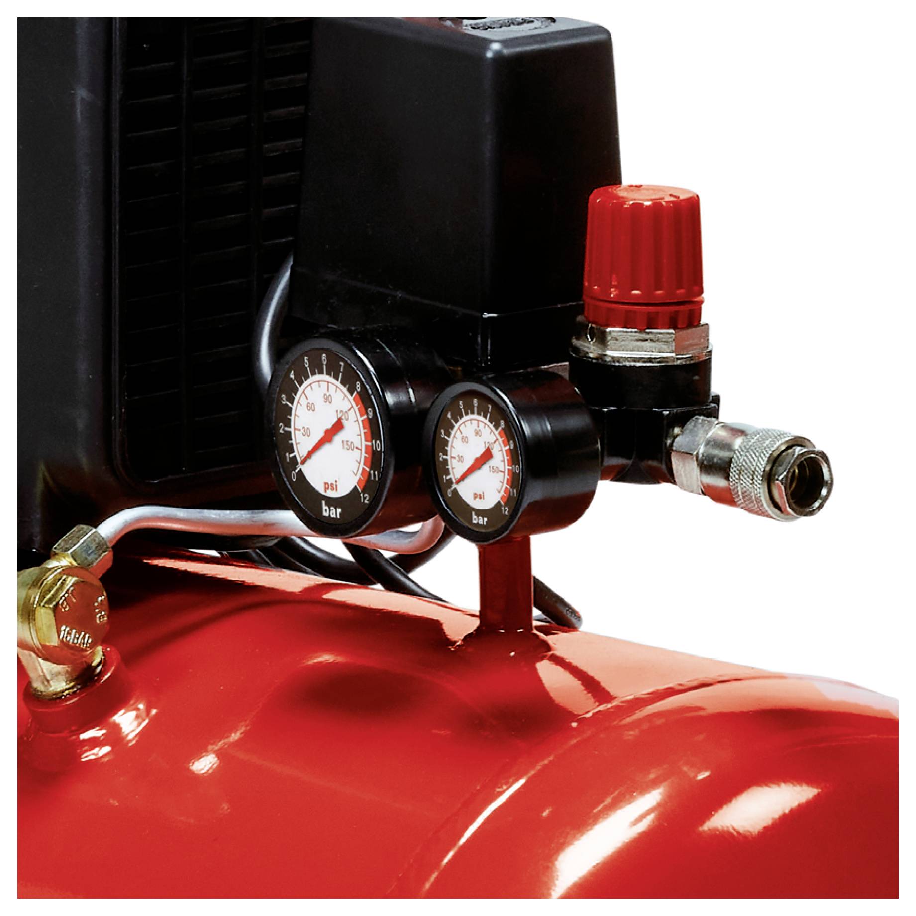 Close-up of an air compressor tank with pressure gauges, a red regulator knob, and hose fittings on a red tank.<br>