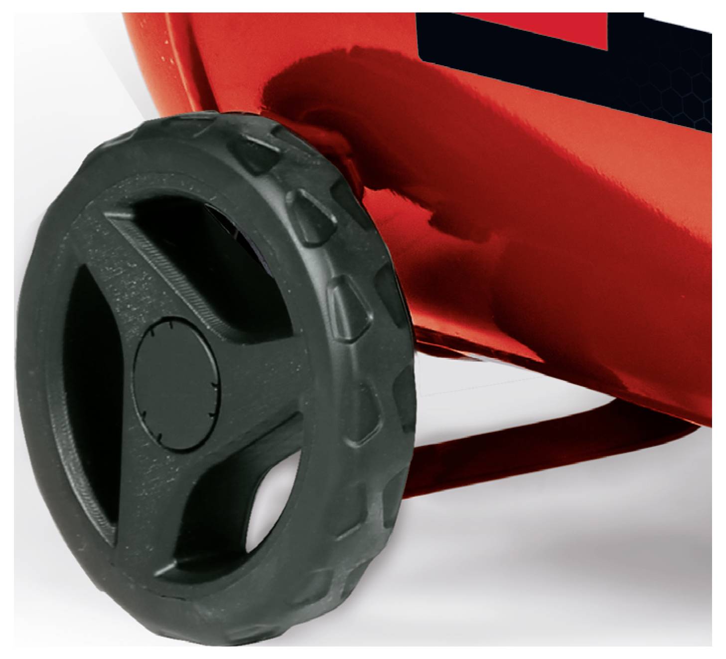 Close-up of a red wheeled device with a large black plastic wheel on a white background.