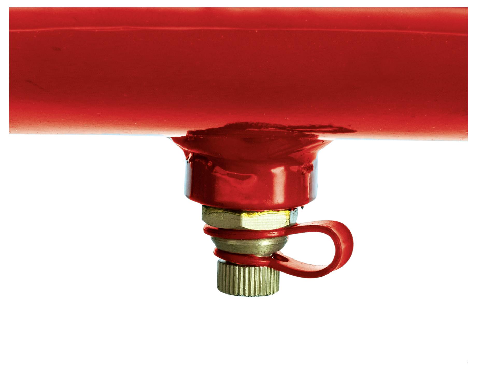 Close-up of a red fire extinguisher nozzle with safety pin and cap, isolated on a white background.