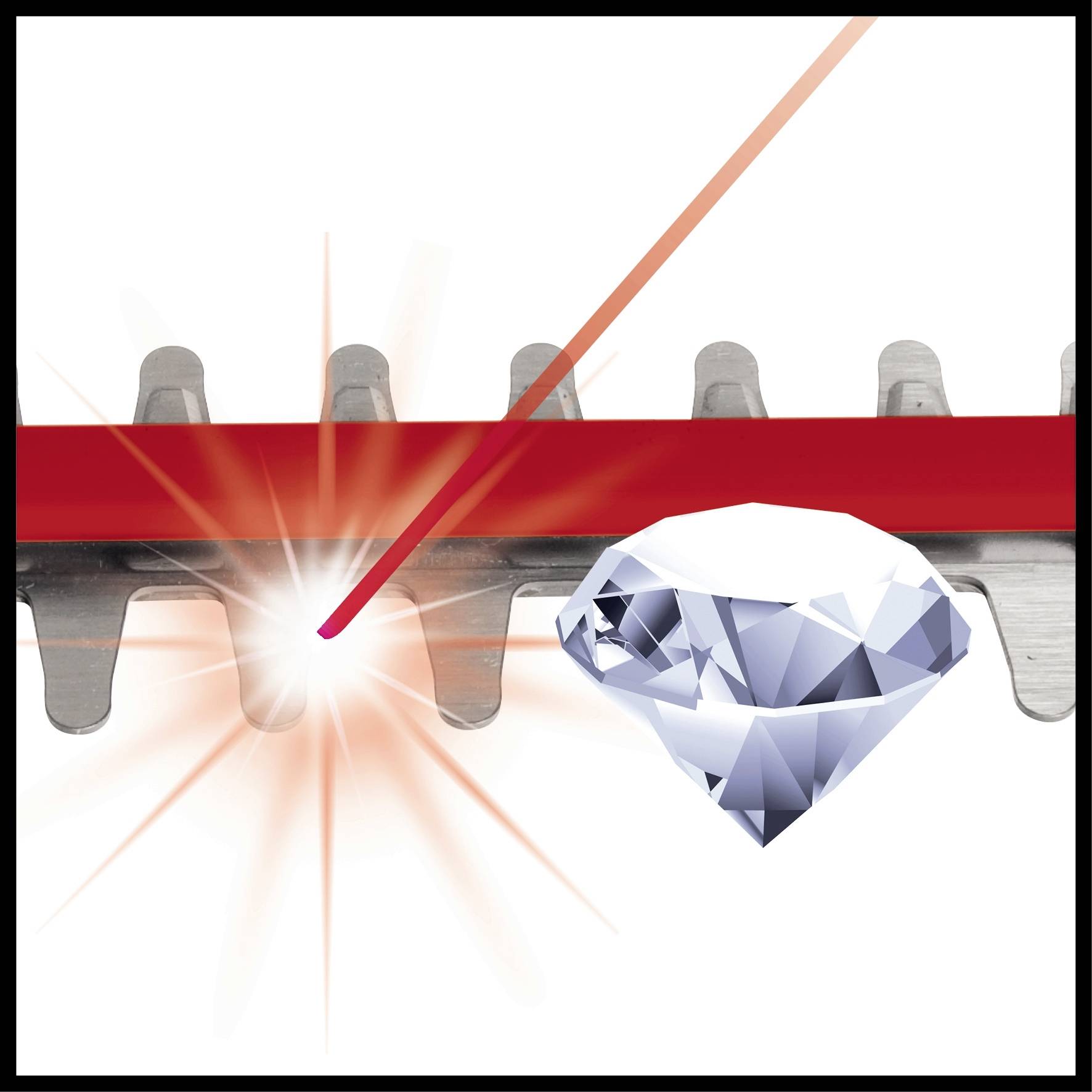 A laser beam cuts precisely through a metal blade, with a sparkling diamond lying beside it, emphasising the gleam.