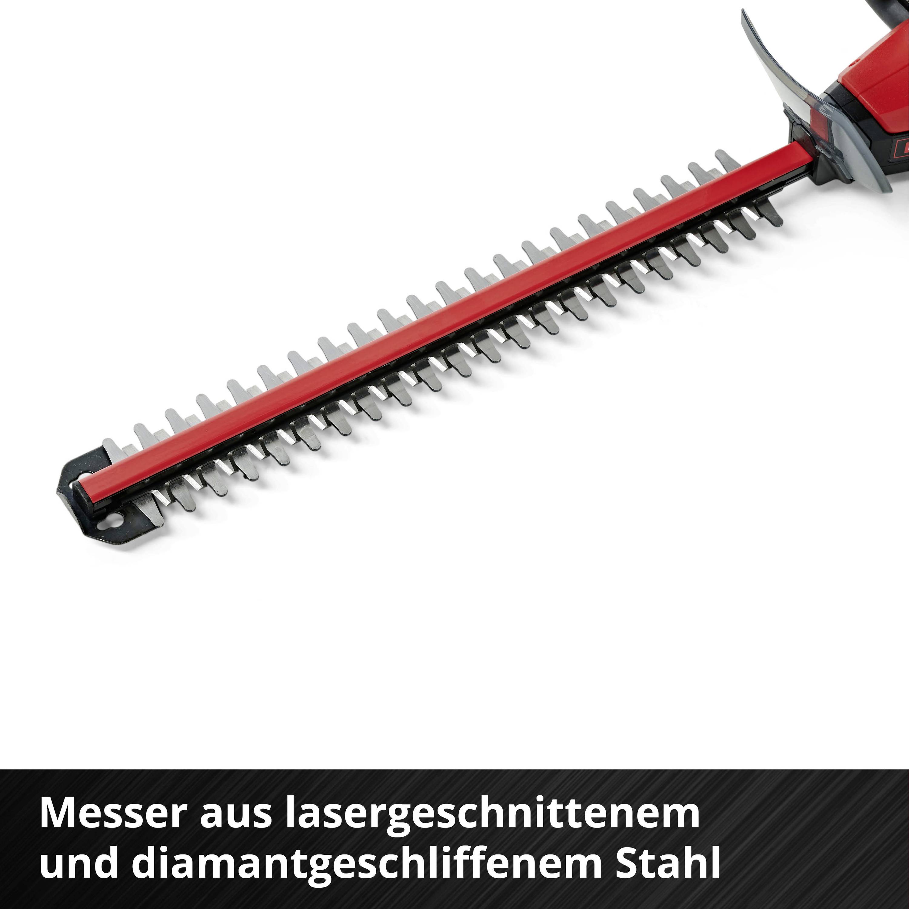 An electric hedge trimmer with a long double-bladed cutting edge. Text below: 'Blades made from laser-cut and diamond-ground steel'.
