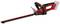 Battery-powered hedge trimmer in red and black with ergonomic handle and long cutting blade for garden work.