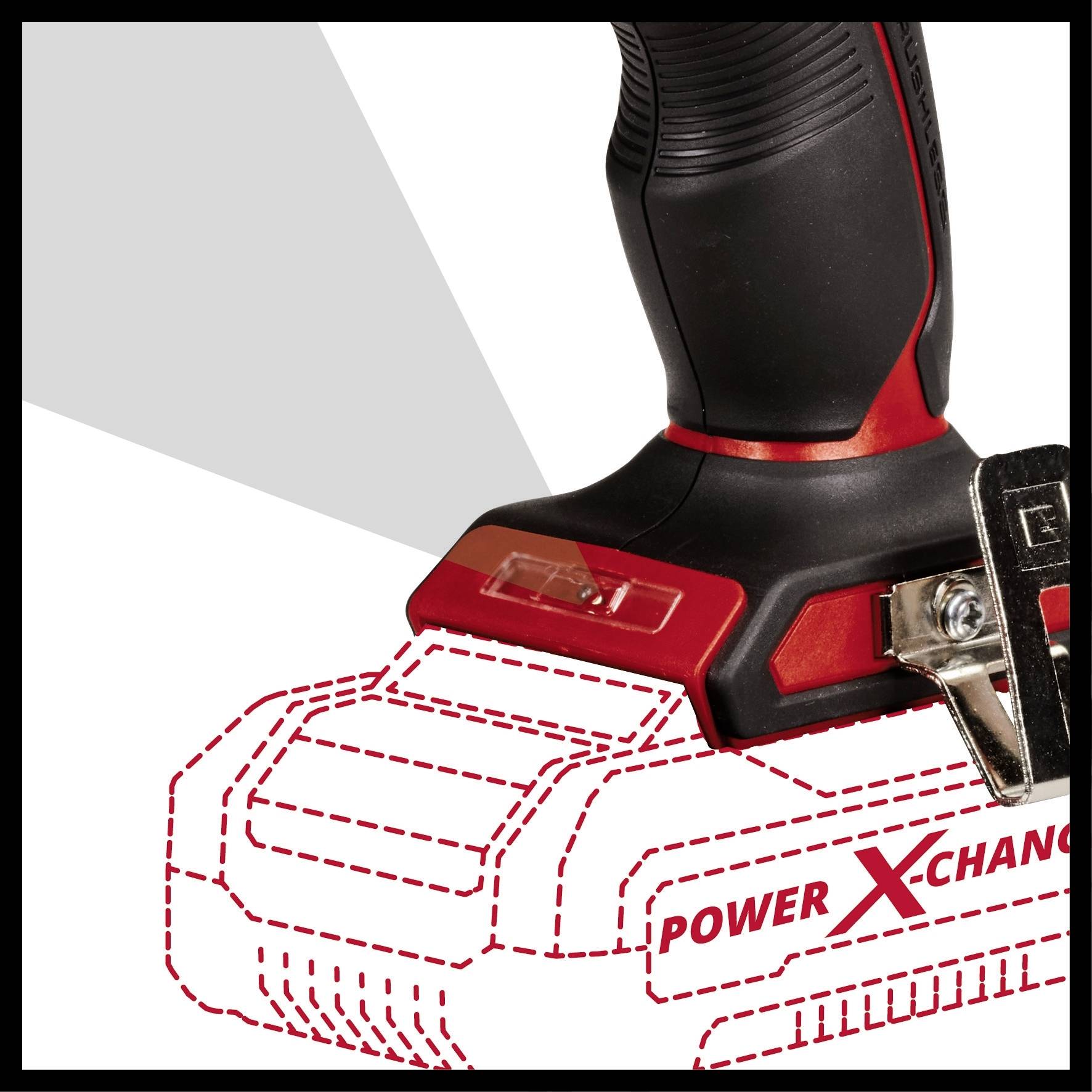Cordless drill in close-up with battery pack partially visible, 'Power X-Change' printed on the surface. Shows the handle and battery compartment.