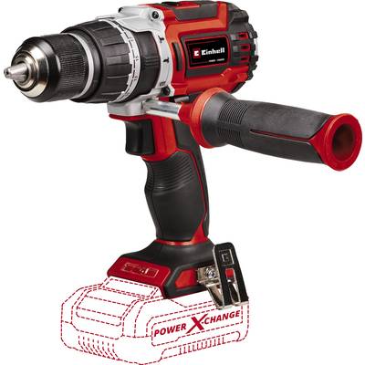 Cordless drill in red and black, side view, without battery inserted, handle with soft surface, chuck without bit.