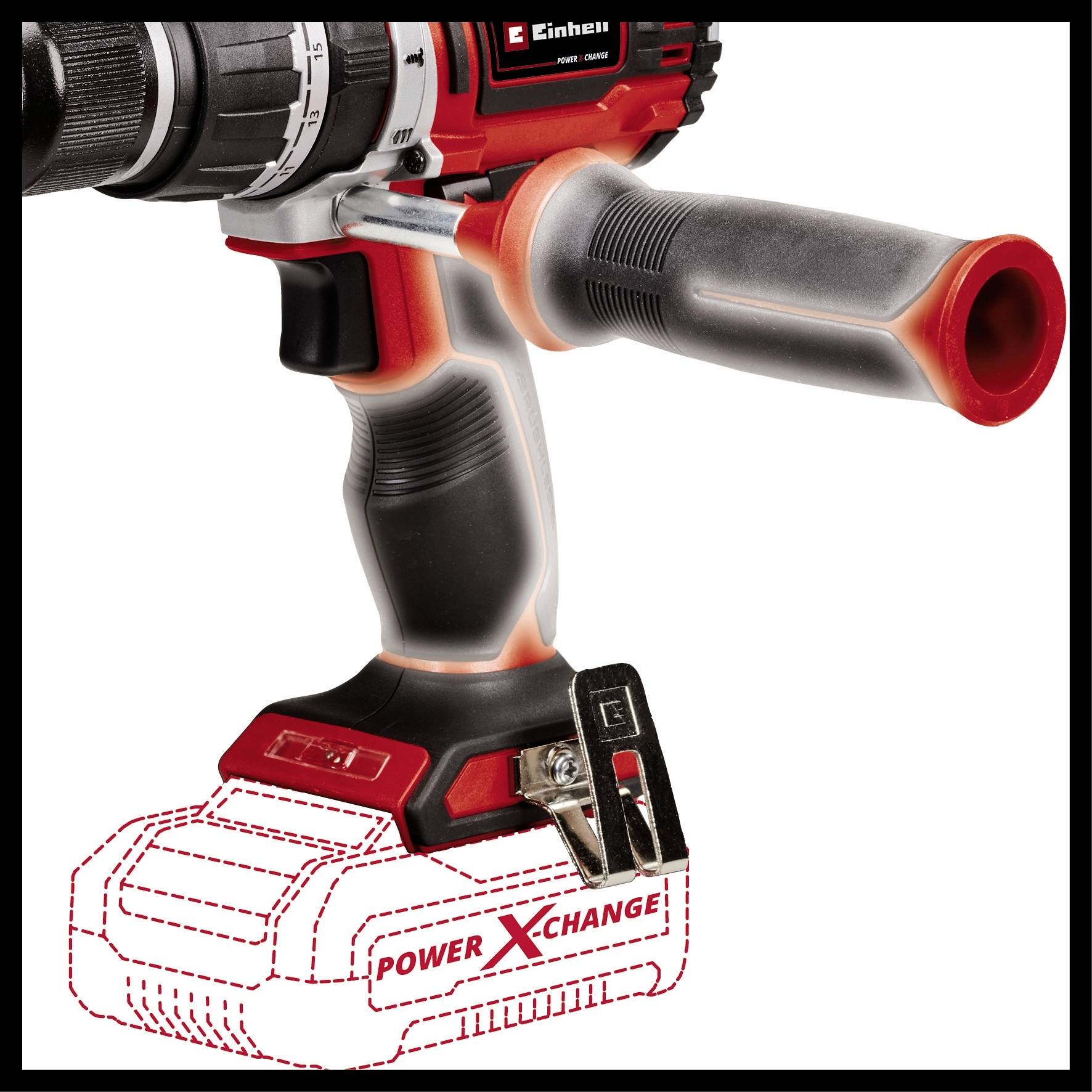 Cordless drill with ergonomic handle and battery outline marked. Brand name visible on handle badge.
