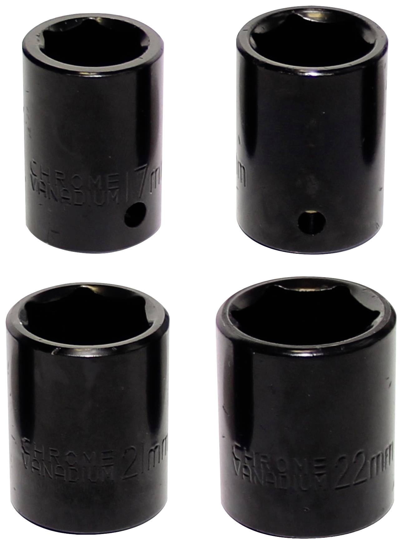 Four black socket keys, each marked with '17 mm' and '22 mm', made of chrome-vanadium steel, on a white background.