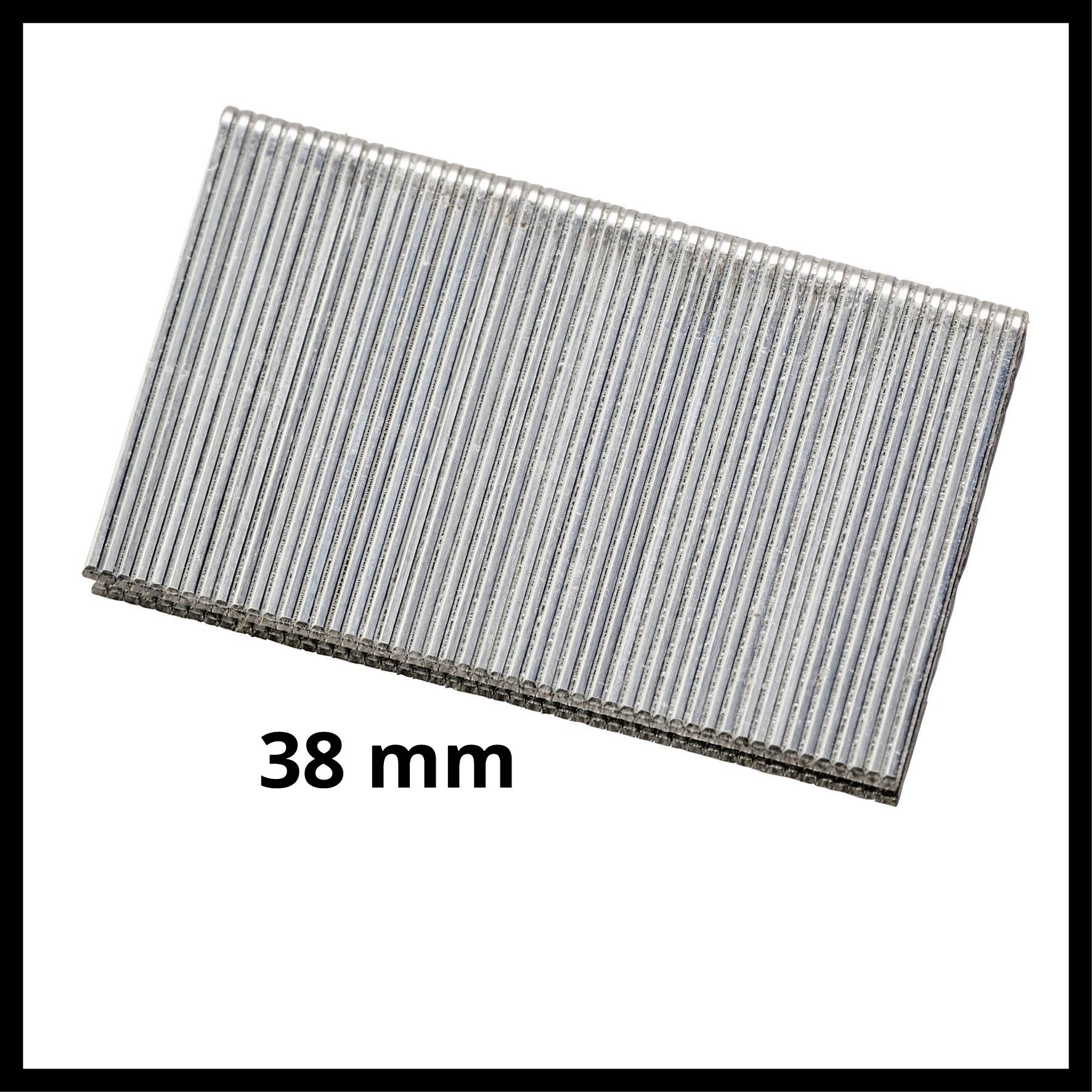 A stack of silver staples lies side by side. Underneath it reads '38 mm', indicating the length of the staples.