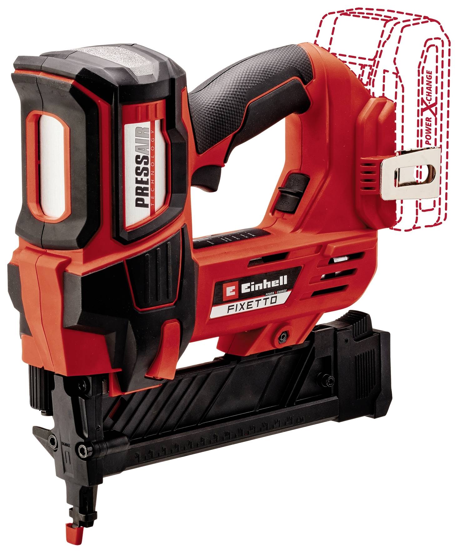 Battery-powered nail gun by Einhell, model "Fixetto". Red and black design with ergonomic handle and suitable for construction work.