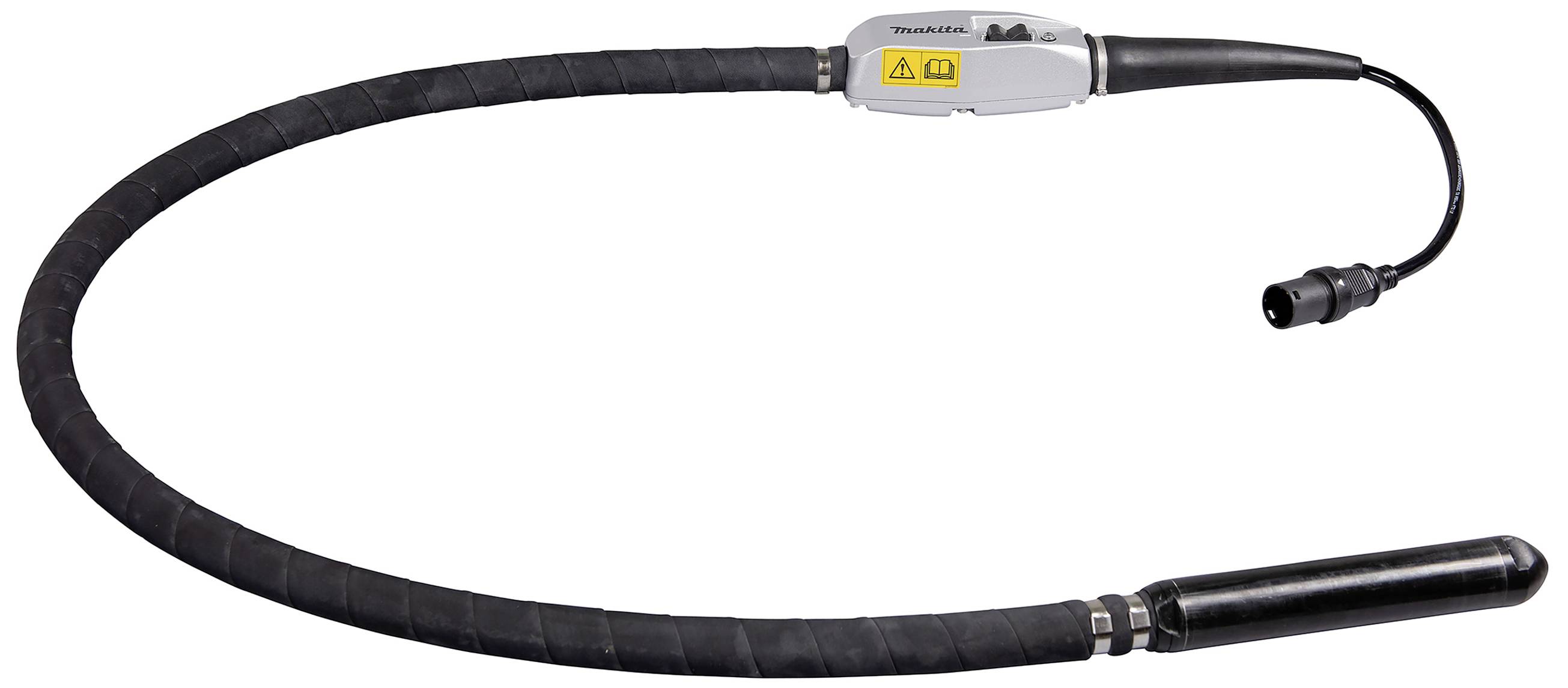 An electric concrete internal vibrator with a flexible hose and a round vibration head, used for compacting concrete.