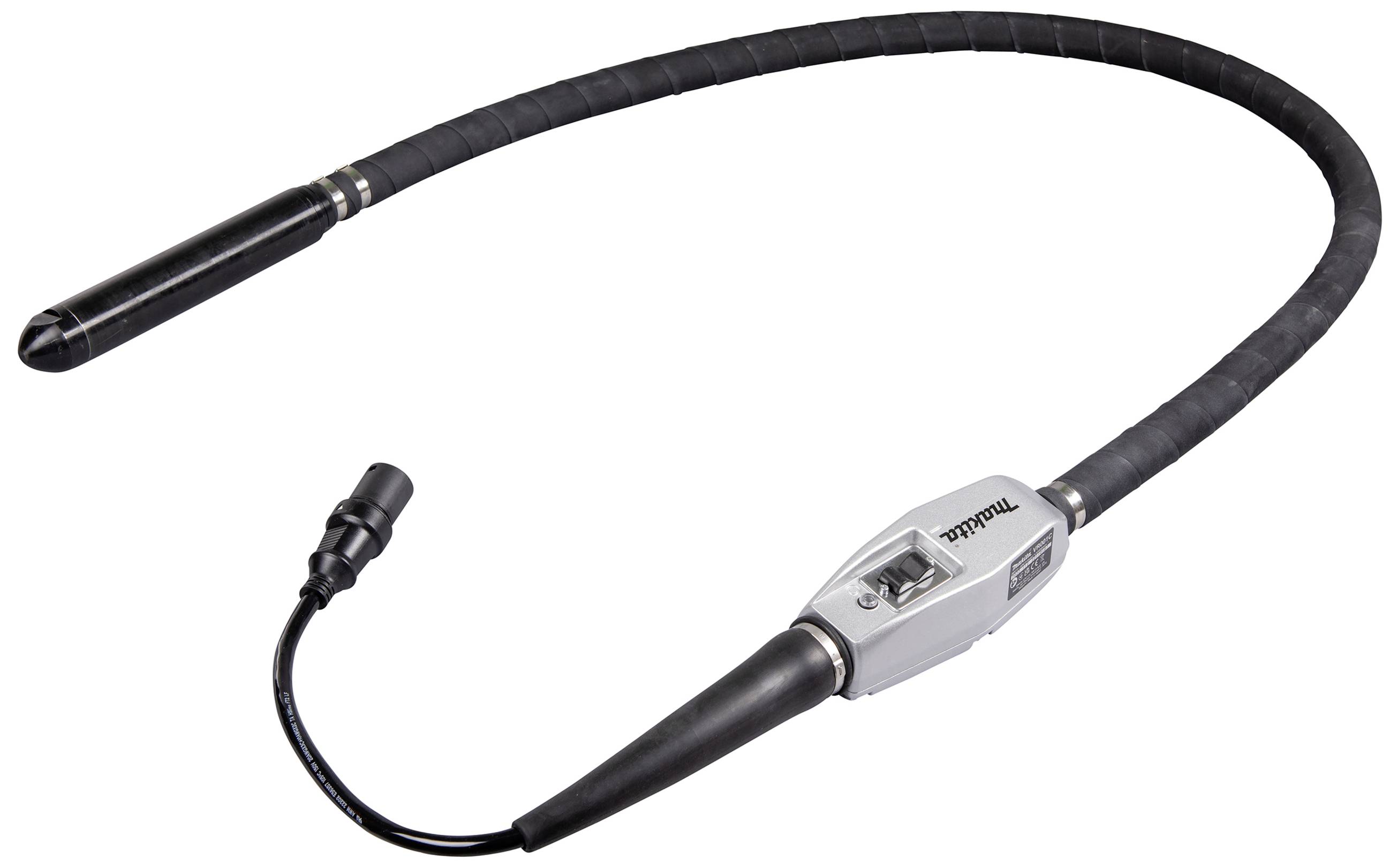A long, flexible vibrating lance with an ergonomic handle and cable connection, used for concrete compaction.