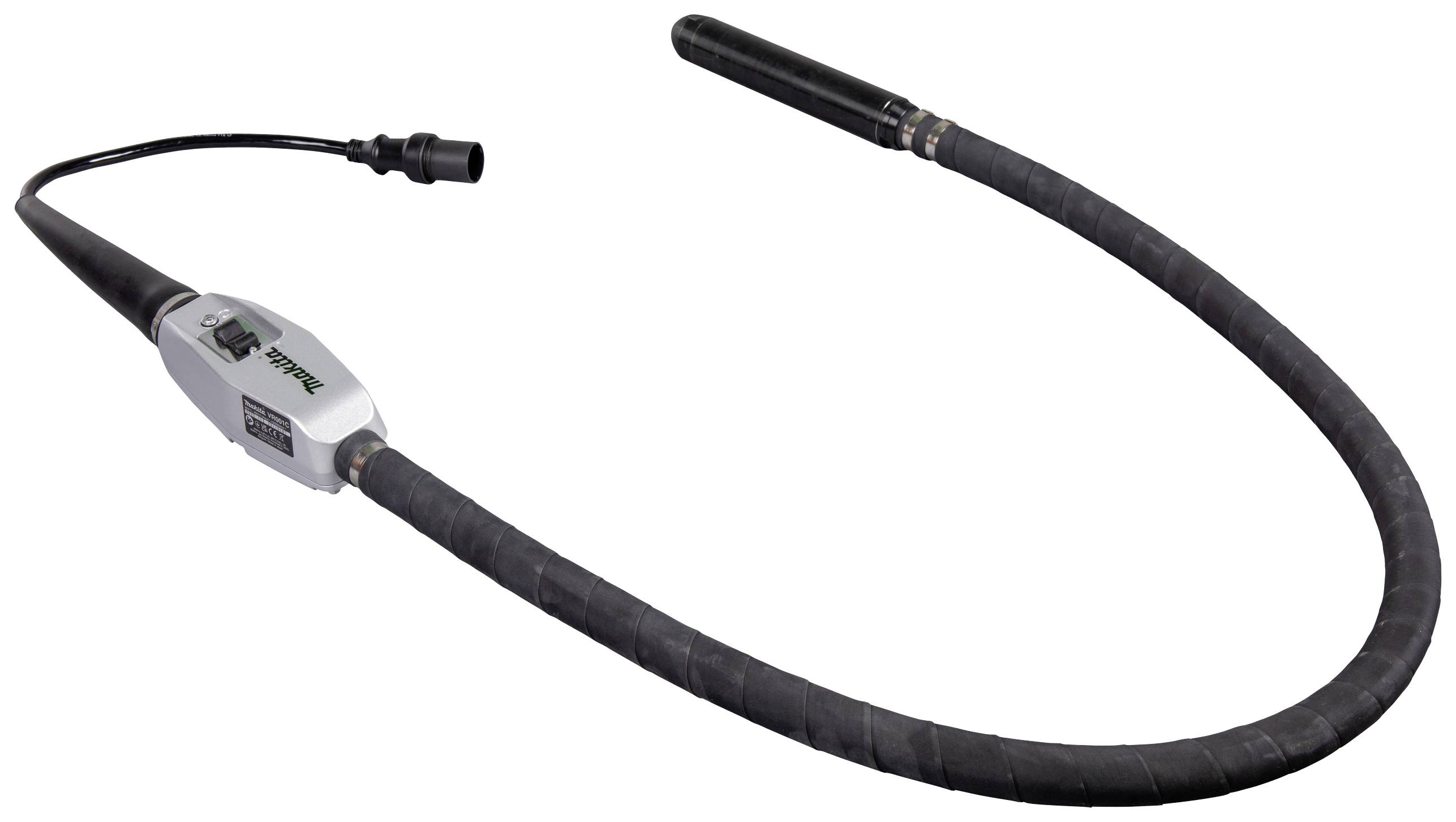 A black, flexible hose with an electronic control unit. Used for concrete compaction.