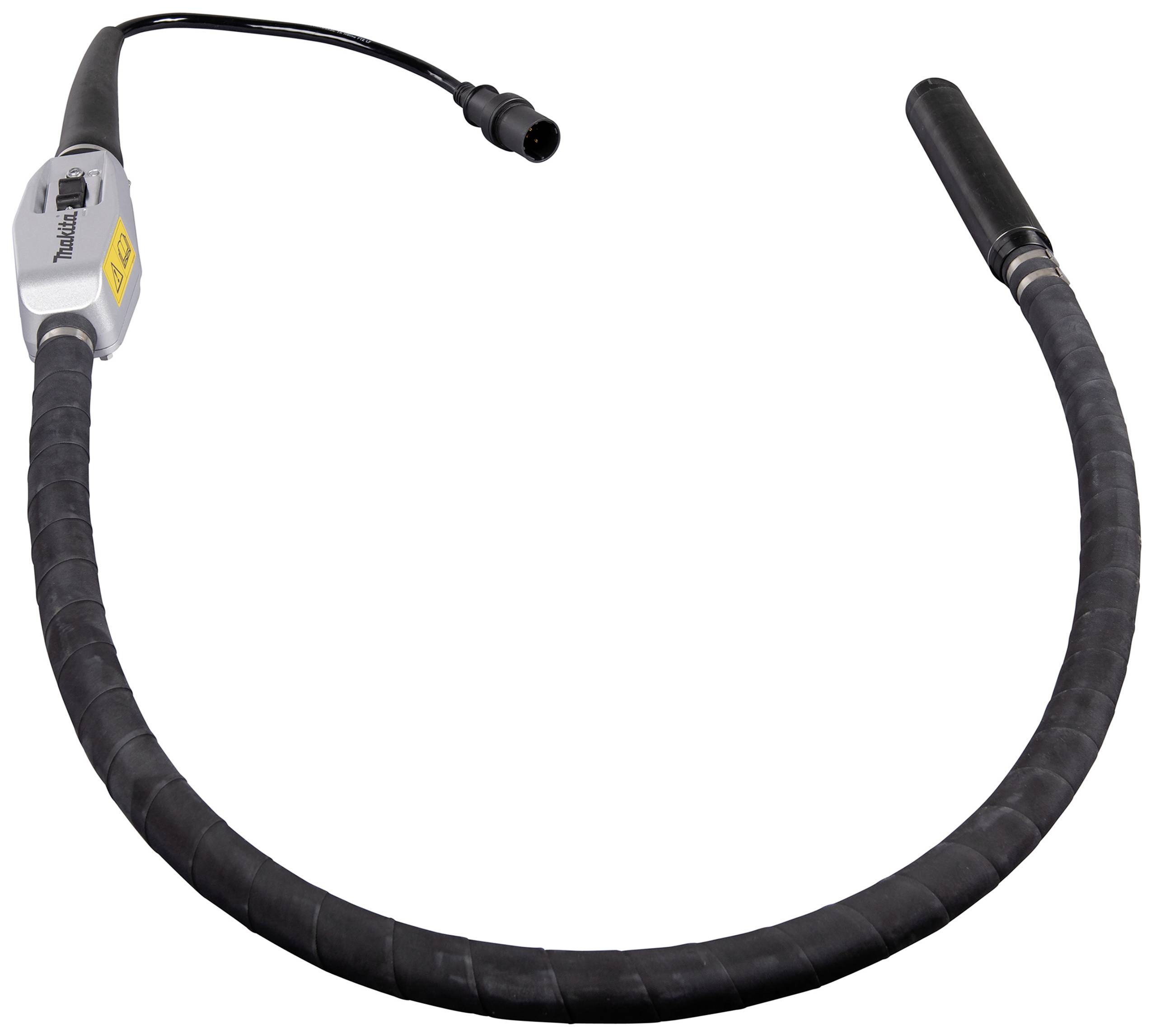 Vibrating poker with a black, flexible hose and connection cable. Used for compacting concrete in construction applications.