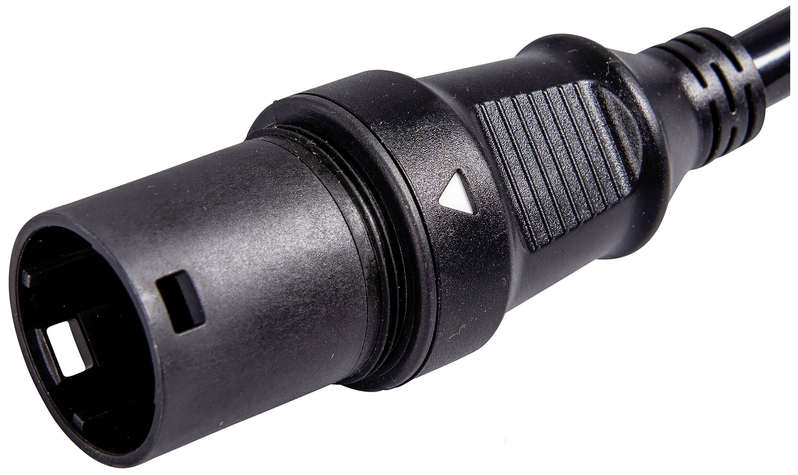 Black electrical plug with ridged surface and arrow marking. Suitable for power connections.