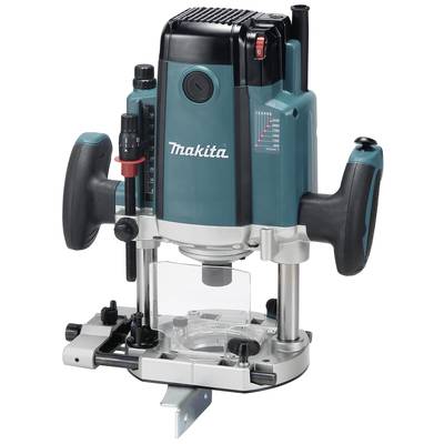 Blue-black plunge router with two handles, 'Makita' brand name visible. Primary tool for precise woodworking routing.