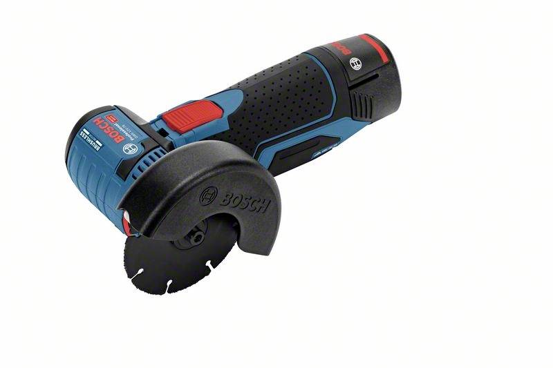A hand tool with a disc, blue-black with a red accent. Bosch brand, suitable for cutting materials. Compact design.