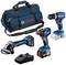 Tool set with bag: Cordless drill driver, angle grinder, battery charger. Brand 'Bosch', blue design with red accents.