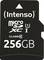 Black MicroSD card with 'Intenso' logo, 256GB storage capacity, Class 10, Micro SDXC, UHS-I.
