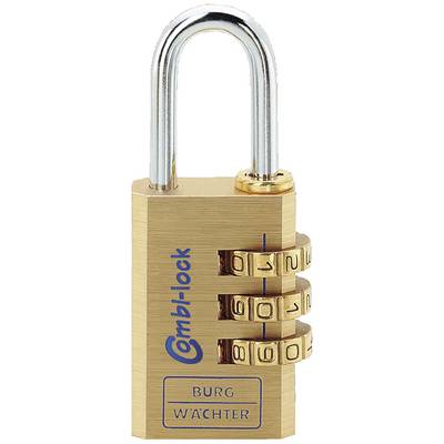 A gold-coloured combination lock by the brand 'Burg Wächter', with three adjustable number wheels and a steel shackle.
