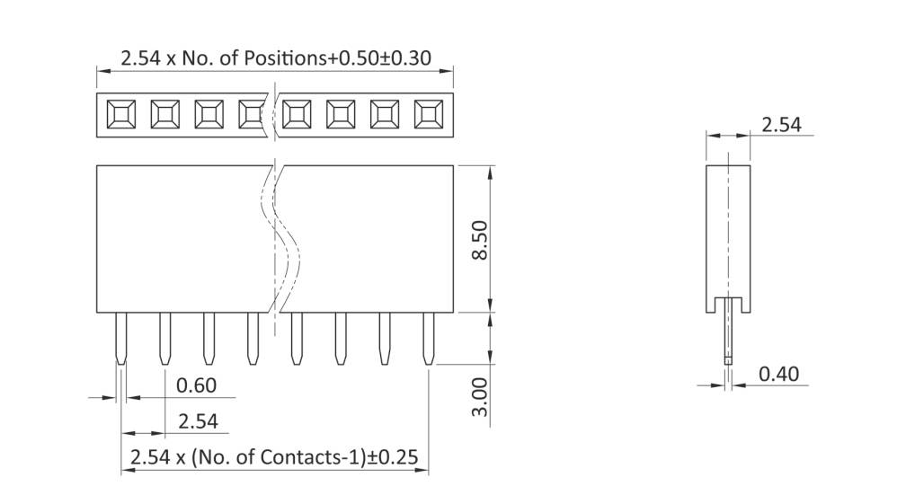 Technical drawing of an electronic connector with dimensions in millimetres: 2.54 x number of pins + 0.5 ± 0.3 in length, 8.5 in height.