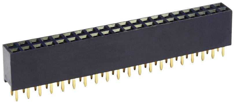 Black pin header with gold-plated pins, suitable for connecting electronic components or circuit boards.