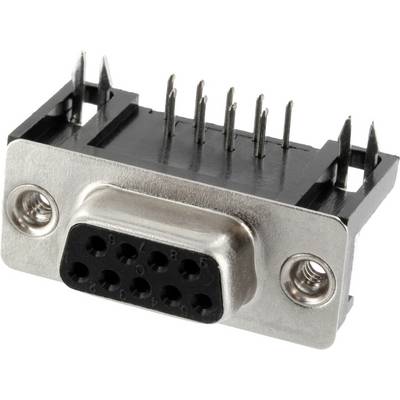 Neuner-Stecker, DB9, male, silver metal cover, black plastic base, with two mounting holes on the sides.