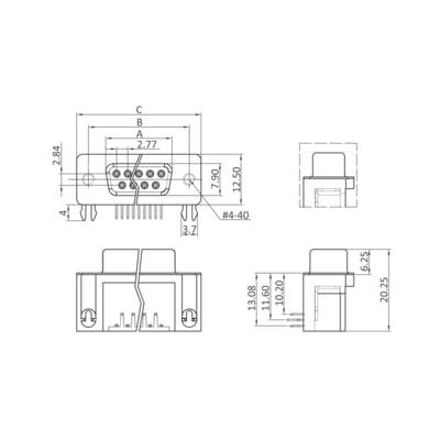 Technical drawing of an electrical connector: Dimensions and views from the front, top and side section with labels.
