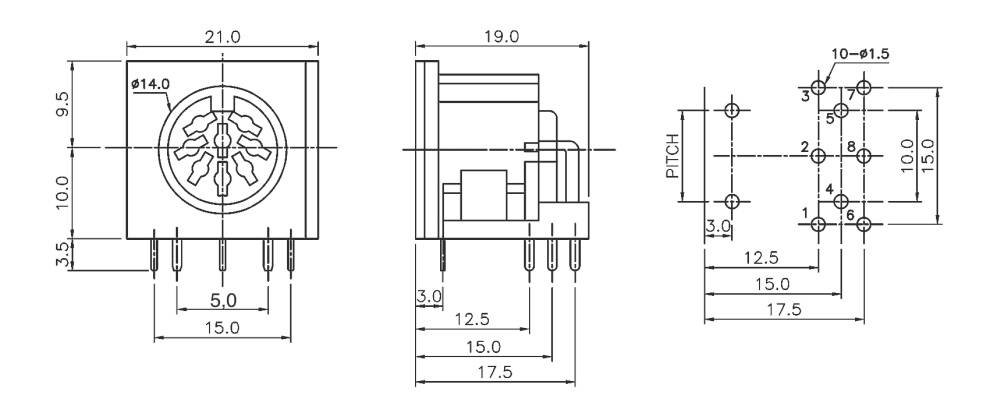 Technical drawing of an electronic component with dimensions in millimetres. Three-sided view shows height, width, and depth.