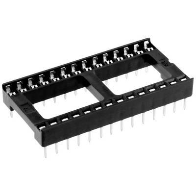 Black IC socket with two rows of contact positions and 28 pins, used for mounting integrated circuits on printed circuit boards.