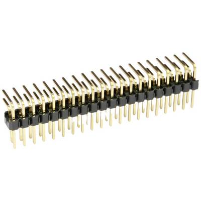 Double pin header, angled, with 40 gold-plated pins, used for electrically connecting printed circuit boards in electronic circuits.